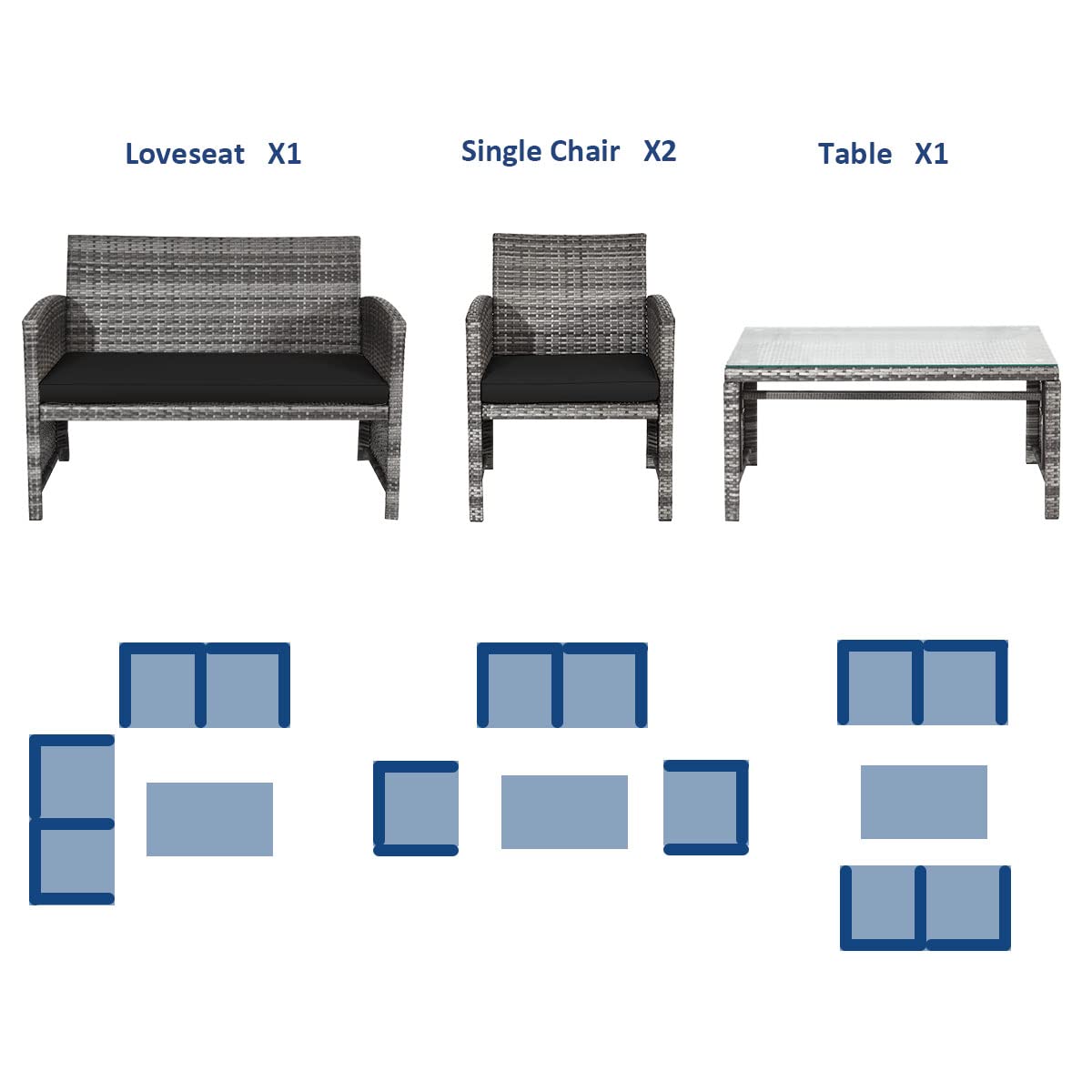 Tangkula 4 PCS Wicker Patio Conversation Set, Outdoor Rattan Sofas with Table Set, Patio Furniture Set with Soft Cushions & Tempered Glass Coffee Table for Poolside Balcony