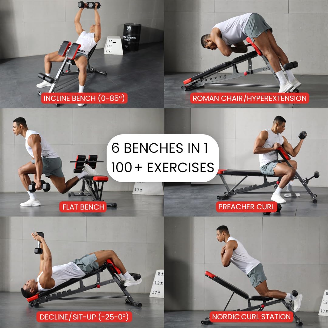 Finer Form Multi-Functional FID Weight Bench for Full All-in-One Body Workout – Hyper Back Extension, Roman Chair, Adjustable Ab Sit up Bench, Incline Decline Bench, Flat Bench