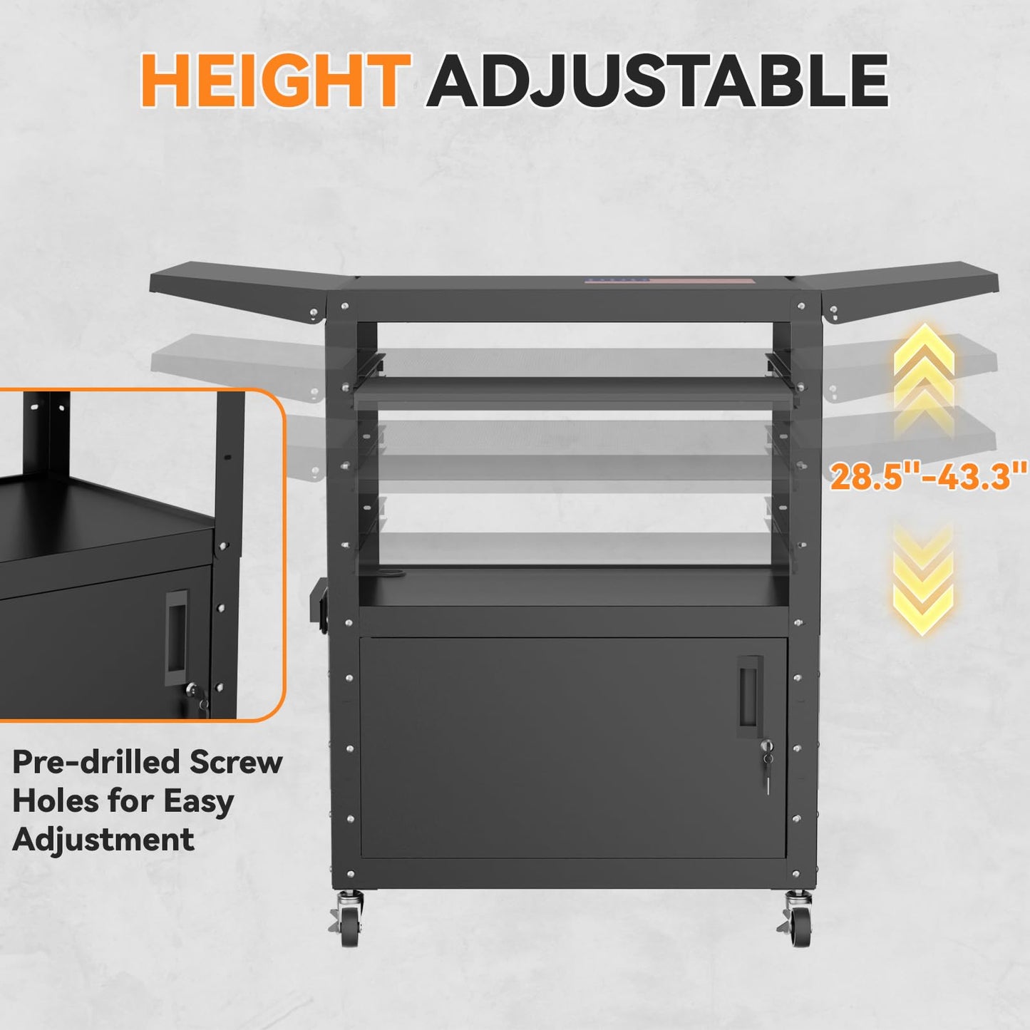 Mobile AV Cart with Drop Leaves & Adjustable Height, Rolling Computer Cart with Pullout Keyboard Tray – Locking Cabinet, 3 Outlets&2 USB Ports, Lock Brake Casters, Utility Cart for Office/Classroom