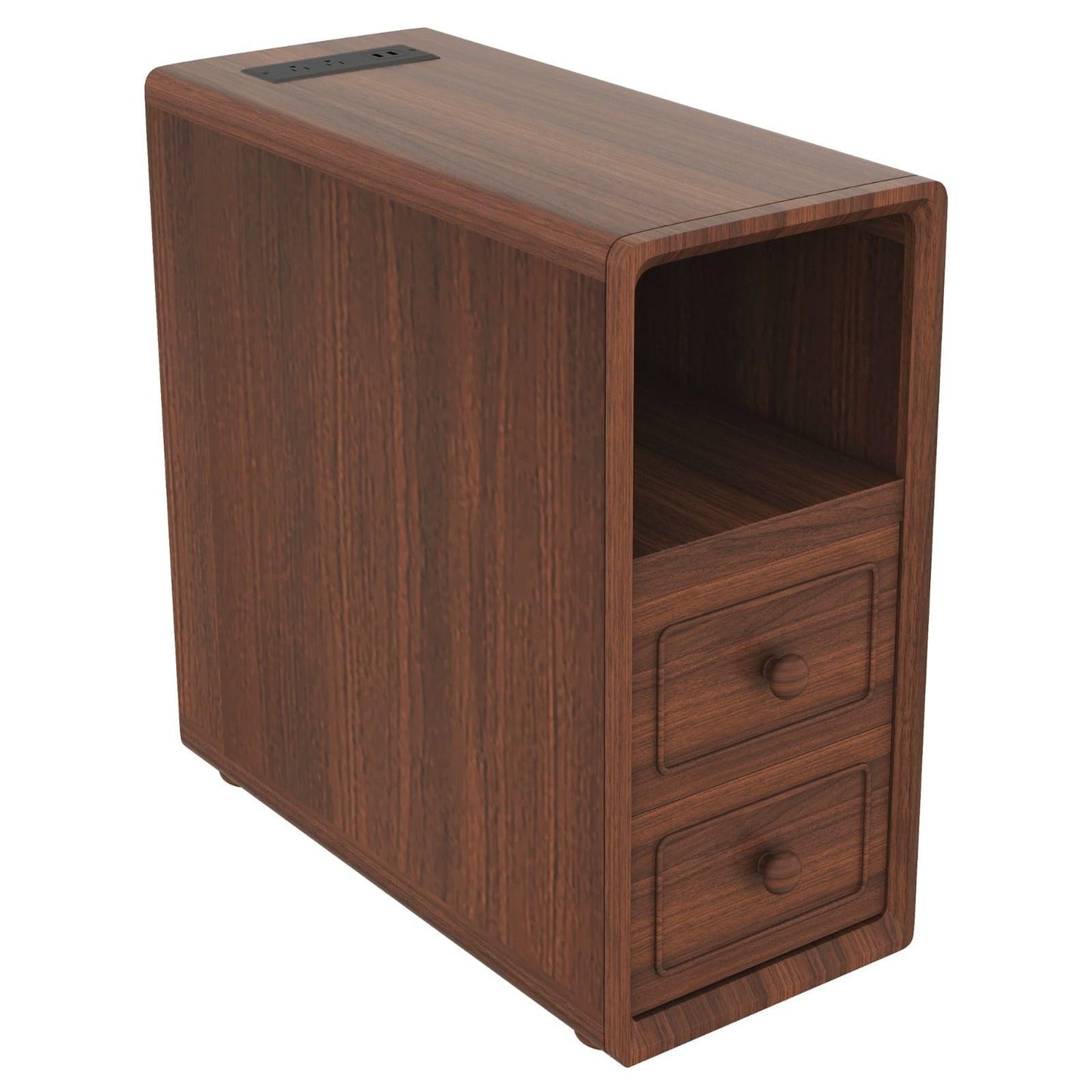 FRITHJILL Narrow End Table, Corner Bookshelf for Living Room, Nightstand with Charging Station and 3-Tier Display Shelf, 2 Drawers Storage Cabinet, Space Saving Side Table
