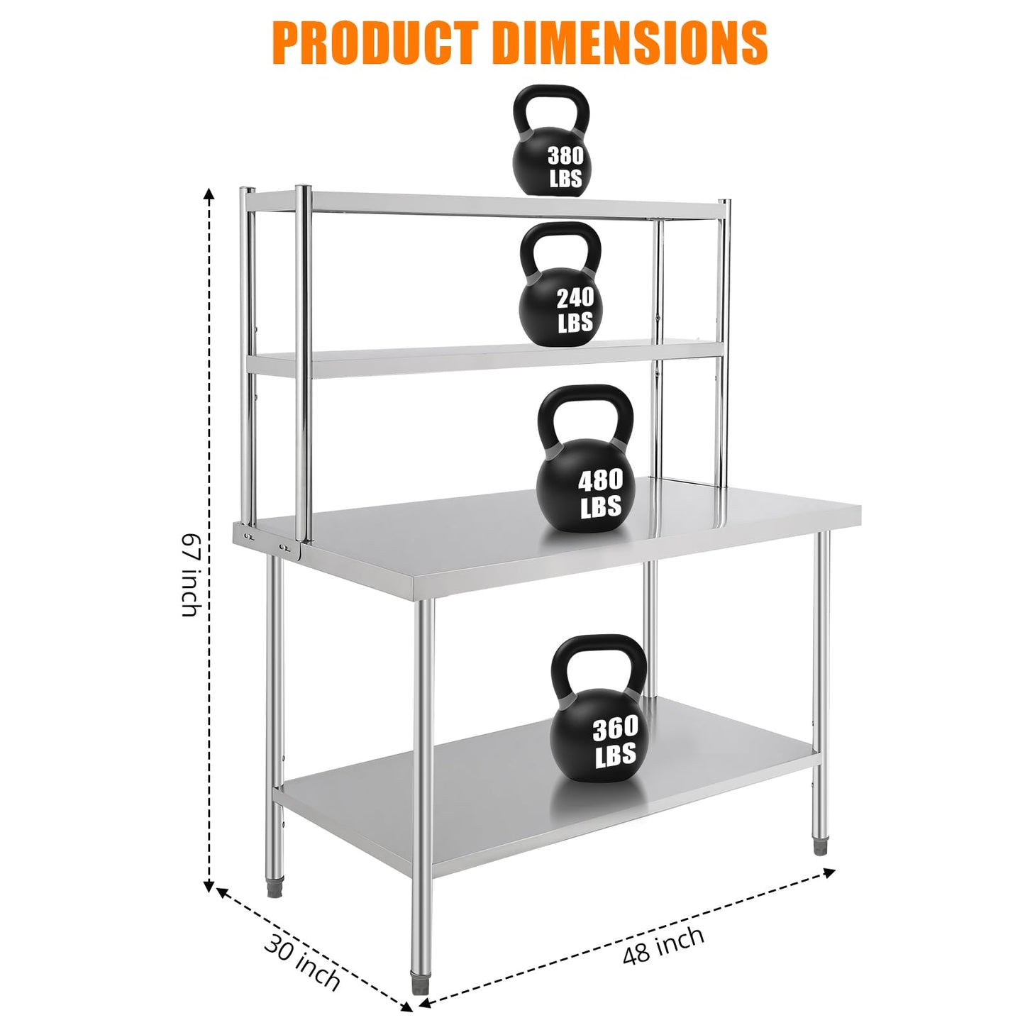 Patikuin Heavy Duty Stainless Steel Prep Table - Seamless Workbench with Adjustable Overshelves and Storage Shelf - Space-Saving Solution for Commercial Kitchen, Restaurant, Home, or Garage - 48x30in