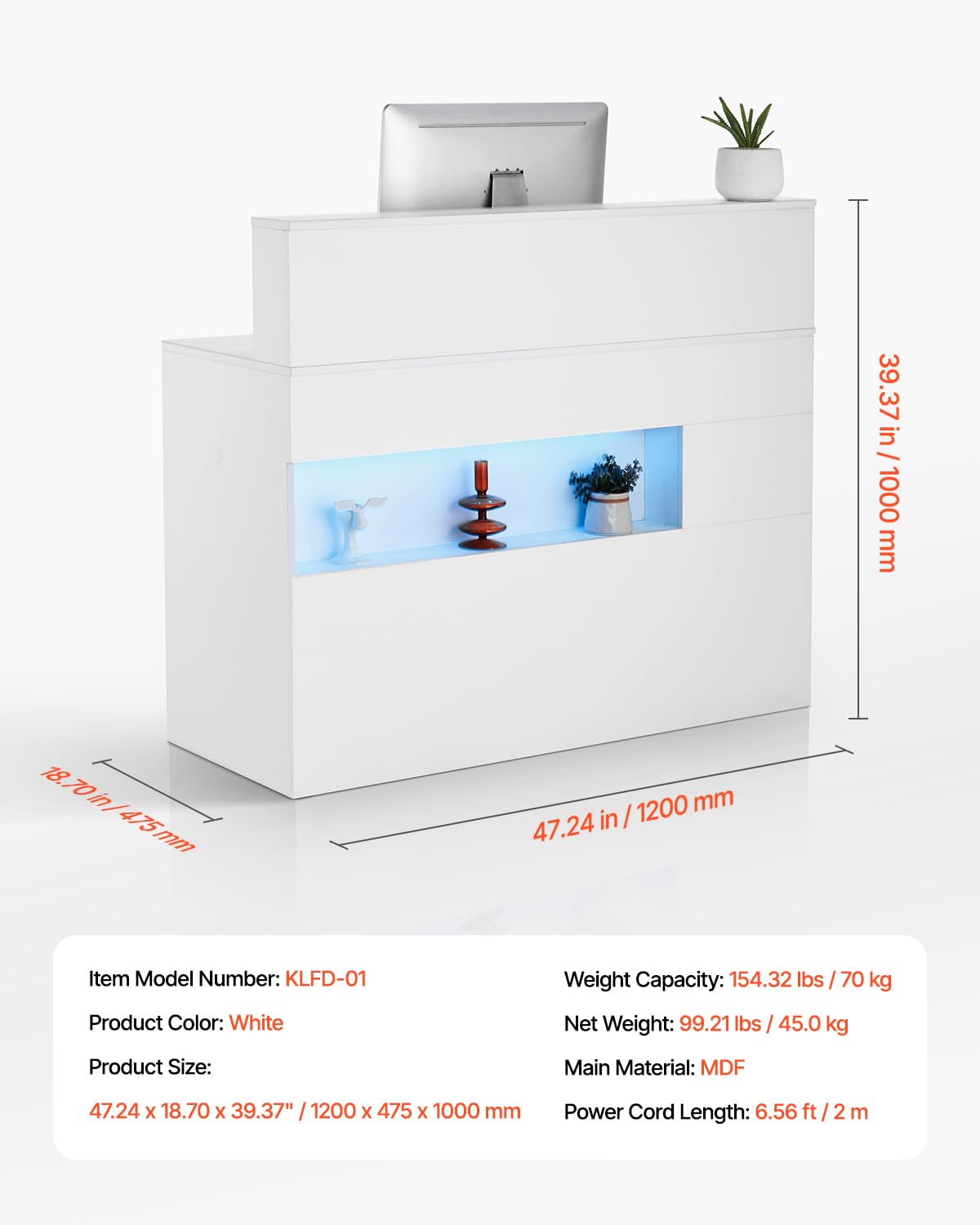 VEVOR Reception Desk, 47 Inch Rectangular Front Counter Table, Office Reception Desk with LED Light, 2 Drawers and Power Outlets, for Checkout, Lobby, Beauty Salon and Office, White