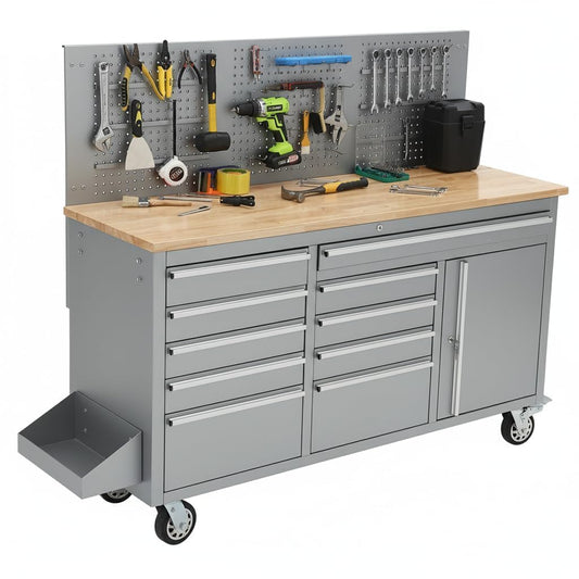 PeakPursuit 61" Rolling Tool Chest with 10 Drawers, Workbench Cabinet with Power Strip, Solid Rubber Wood Top, Pegboard, 1675 LBS Load, Mobile Heavy Duty Garage Storage, Locking Wheels, Silver