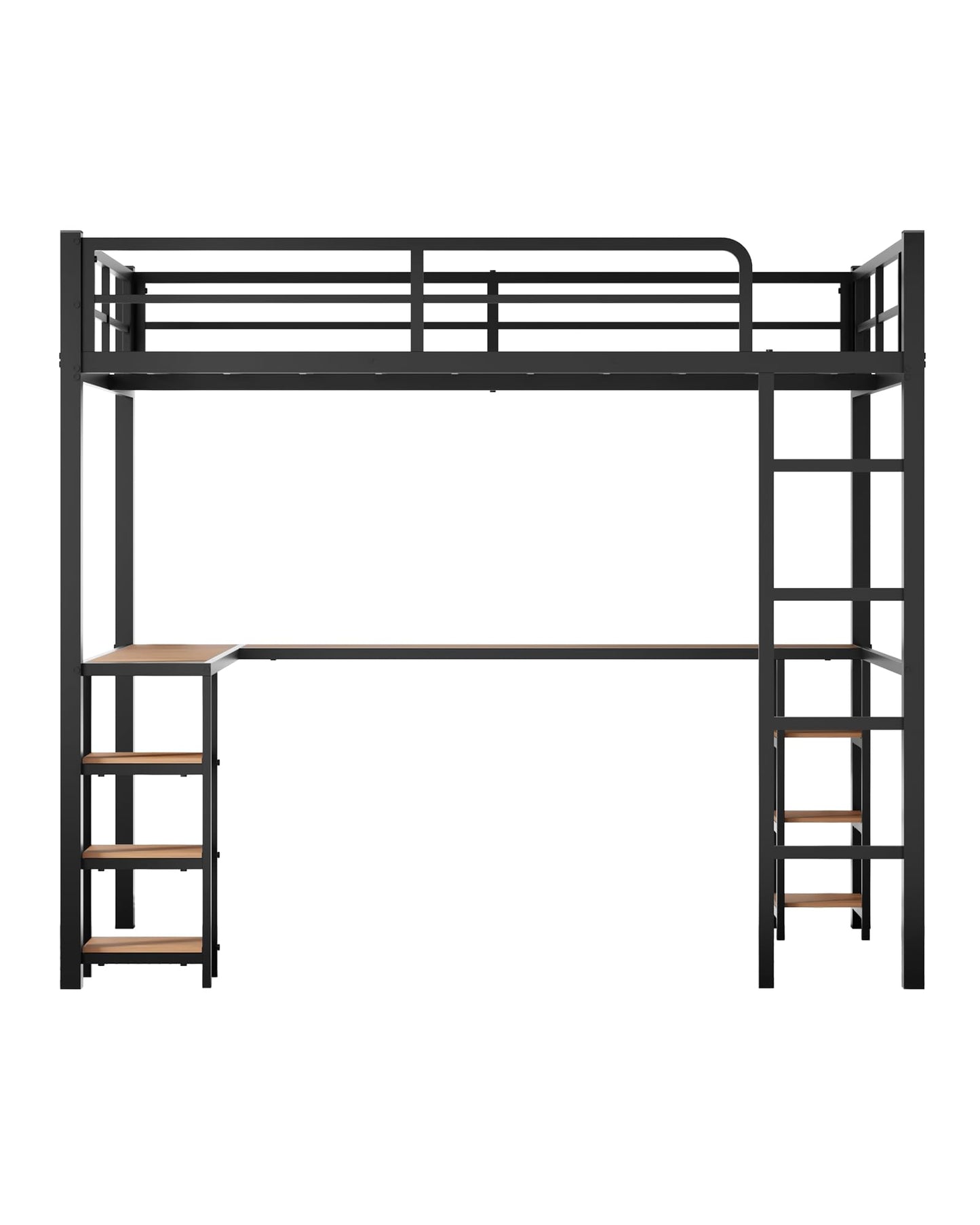 Mixcous Full Size Loft Bed with Desk & Open Shelves, Heavy Duty Metal Bed Frame with Safety Guardrails & Ladder, Loft Beds with Vintage Wood Finish L-Shaped Desk, Black