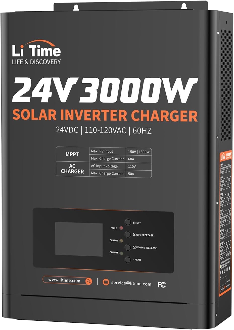 LiTime 24V 3000W Solar Inverter Charger, 60A MPPT Solar Controller, Pure Sine Wave Output, Uninterrupted Power Supply, RS485 Communication for Home Energy Storage, Off-Grid Solar System