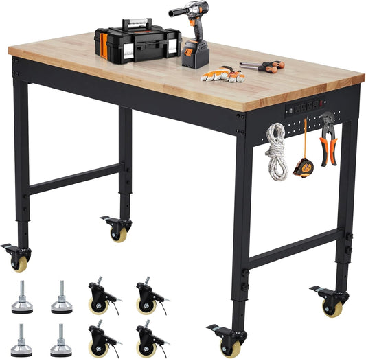 Adjustable Height Workbench 72" x 25" Worktable - Heavy Duty Rubber Wood Top, Mobile Workstation with Power Outlets & Wheels, 2000 Lbs Load Capacity - Ideal for Garage & Workshop, Hardwood Workbench