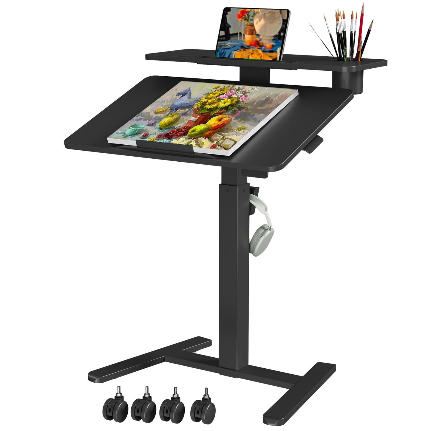 Liftsync 28Inch Rolling Standing Desk On Wheels， Small Computer Workstation Adjustable Height， Mobile Laptop Stand with Tiltable Desktop， 2-Tier Portable Study Table with Storage Shelves， Black