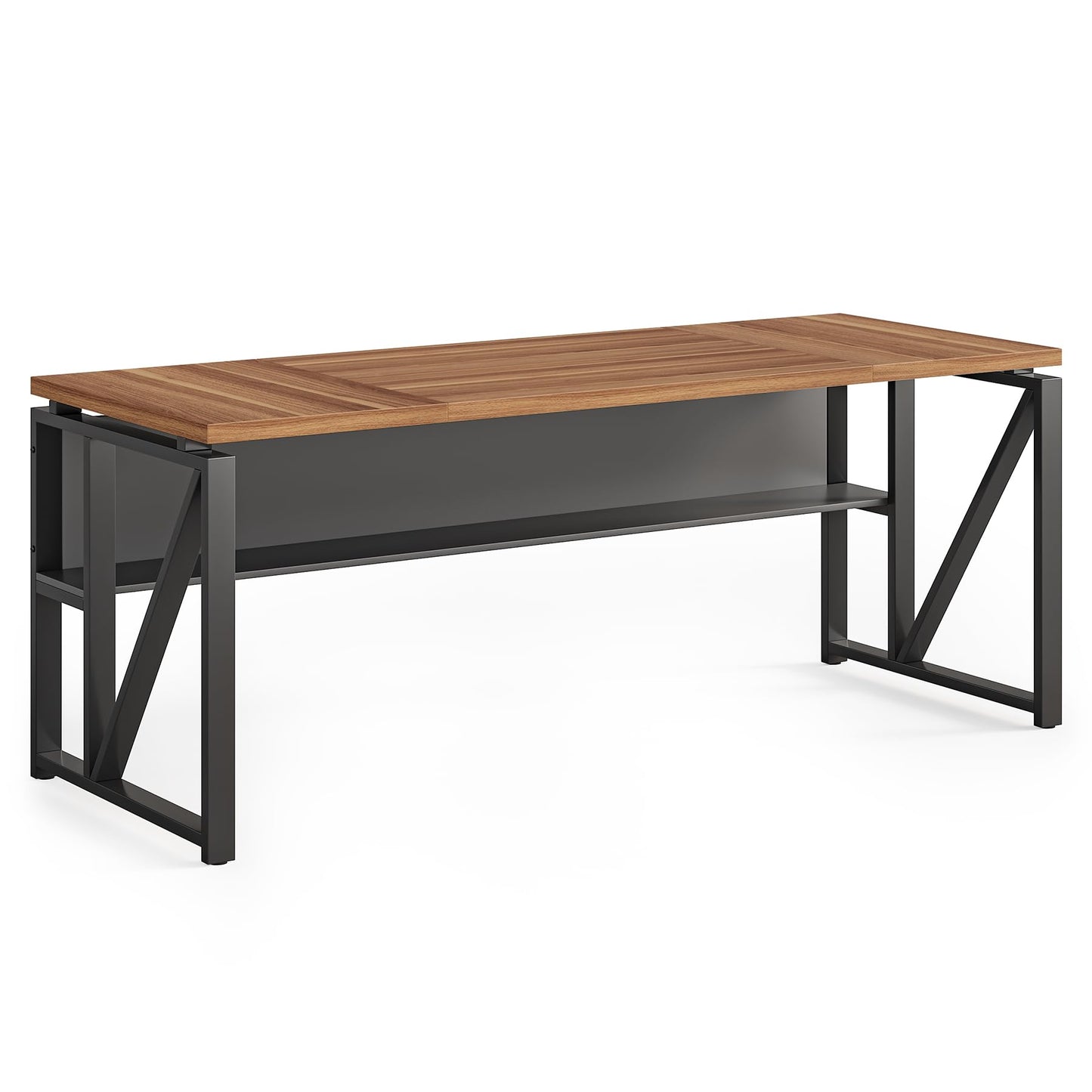 LITTLE TREE 63-Inch Executive Office Desk, Large Computer Desk with Storage Shelf, Executive Desk with Metal Frame, Study Writing Desk Work Station for Home Office, Brown + Black