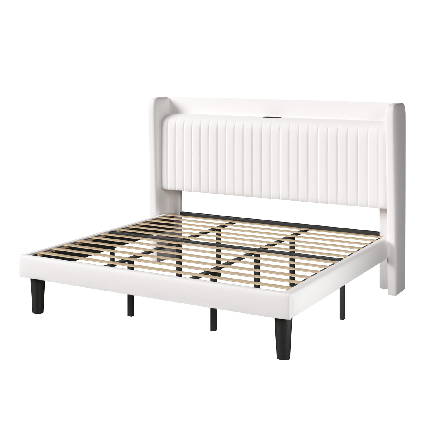 Allewie King Size Platform Bed Frame with USB Charging Station and Storage Shelf/Upholstered Velvet Wingback Headboard/Wooden Slats Support/No Box Spring Needed/Easy Assembly, White