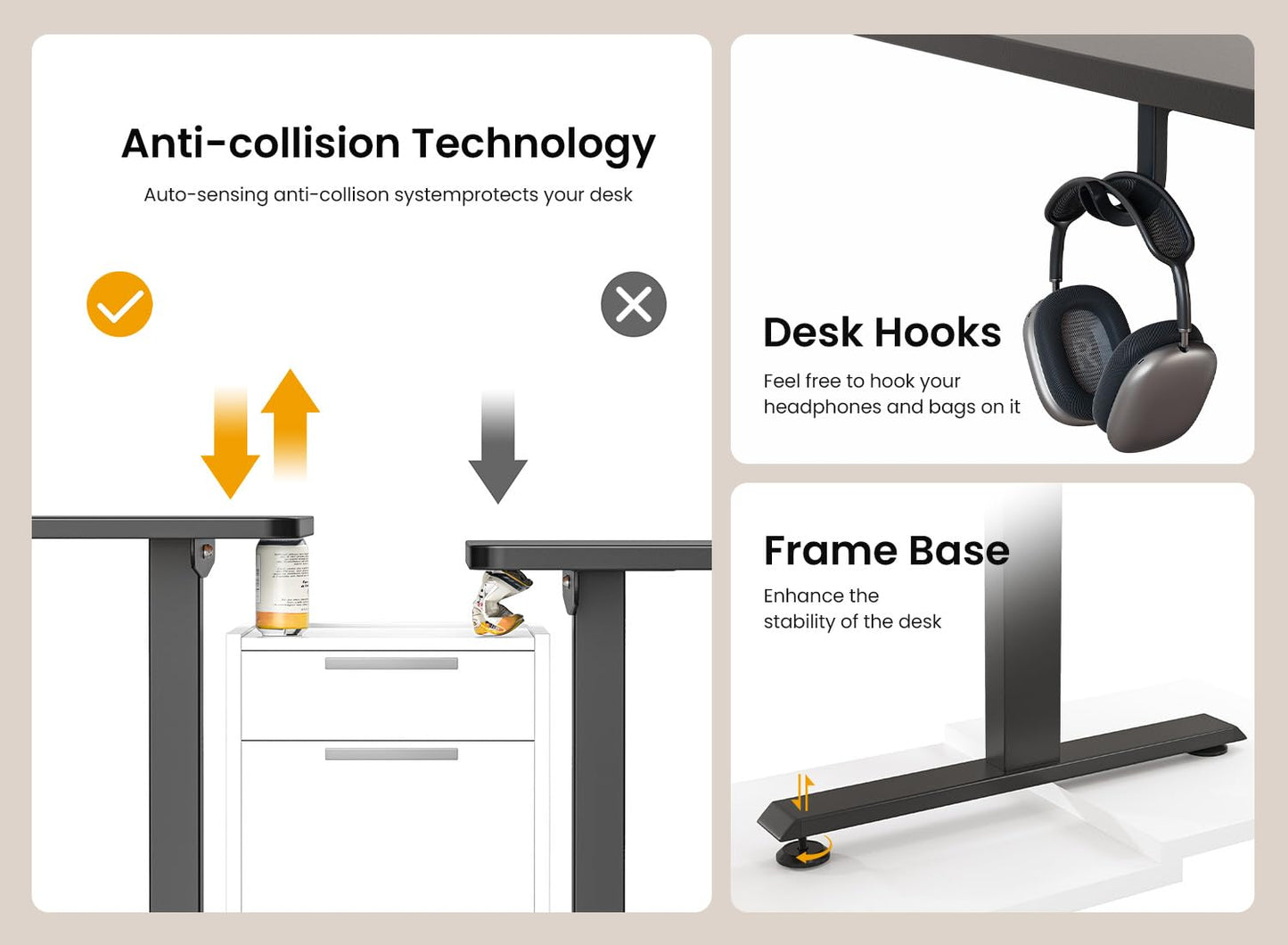 BANTI 55 × 28 Inches Standing Desk, Ergonomic, Electric Height Adjustable, Sit and Stand Up, Computer Desk with a Deeper Desktop, Black Frame/Black Top