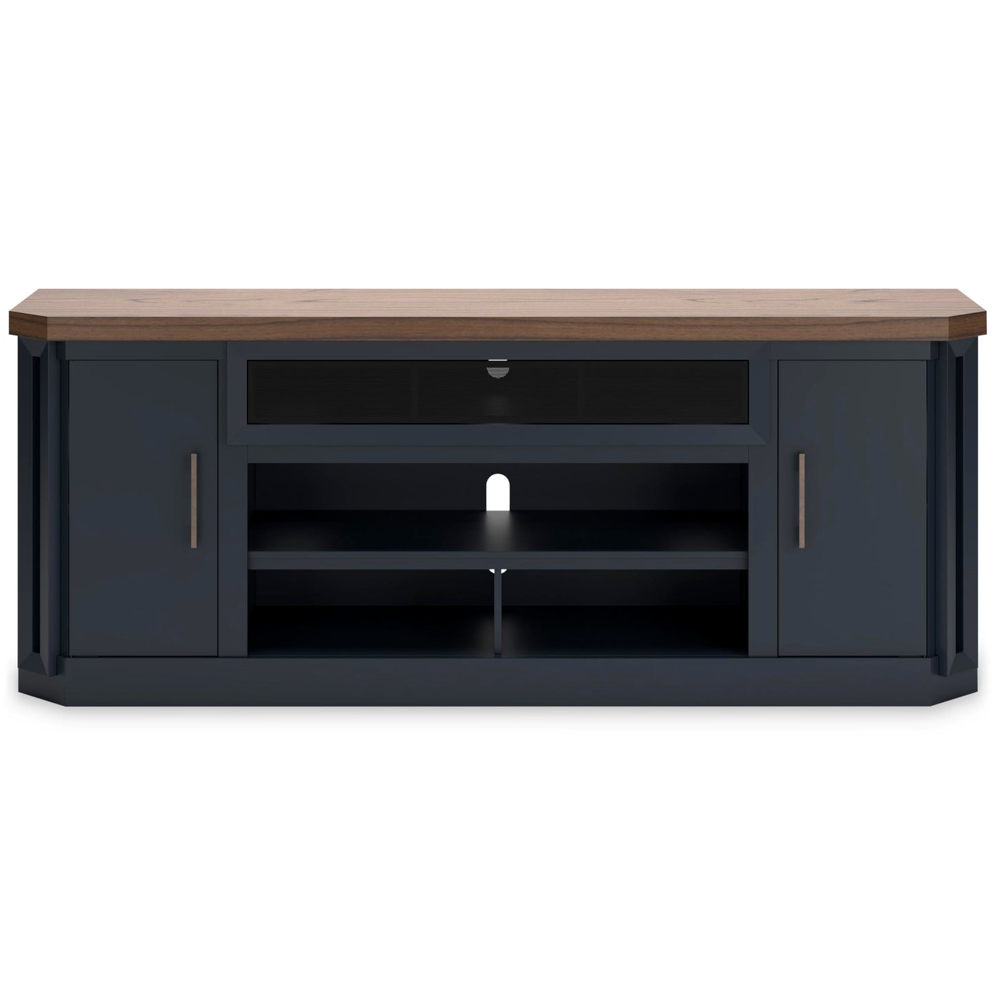 Signature Design by Ashley Landocken Contemporary 83" TV Stand for TVs up to 95" with Fireplace Option, 2 Cabinets, 2 Doors, 2 Adjustable Shelves, Open Cubbies and Cord Openings, Dark Brown & Blue