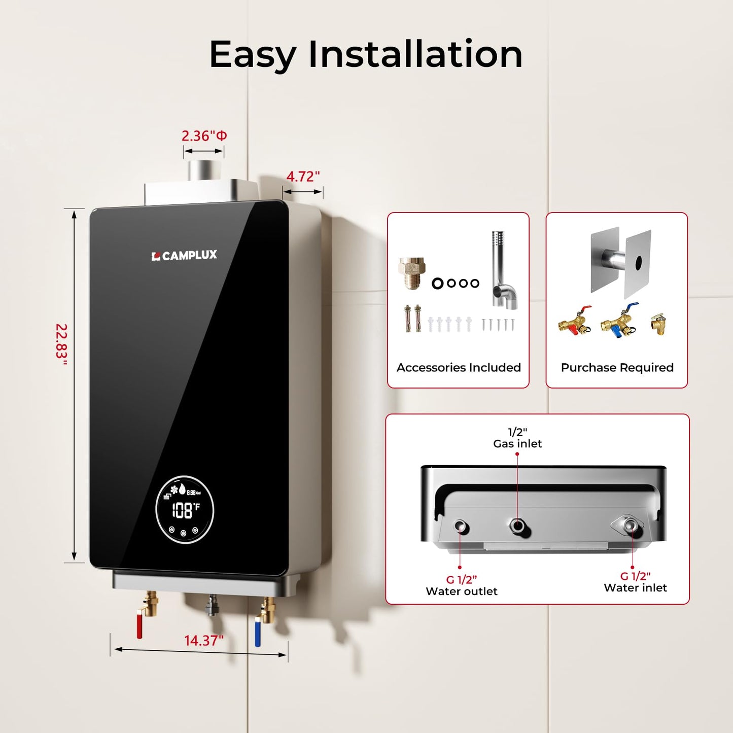 CAMPLUX Propane Tankless Water Heater, Instant Hot Water Heater, 3.18 GPM On Demand, Propane, Indoor, Black