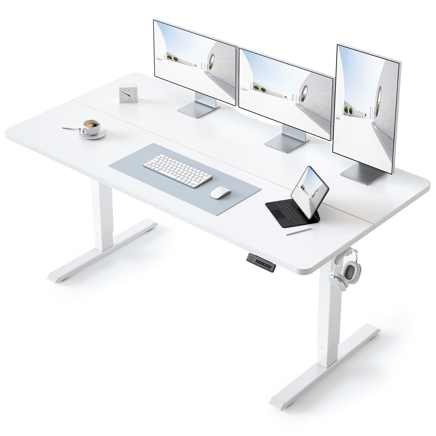 BANTI 63 × 28 Inches Standing Desk, Ergonomic, Electric Height Adjustable, Sit and Stand Up, Computer Desk with a Deeper Desktop, White Frame/Whitetop