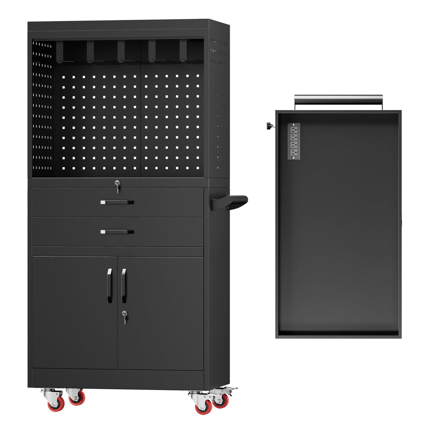dinwork Professional Mobile Tool Cart with Locking Wheels, Large Storage & Built-in Outlet - Heavy Duty Rolling Workbench for Garage, Workshop, Electric Tool Organization and Moving Jobs