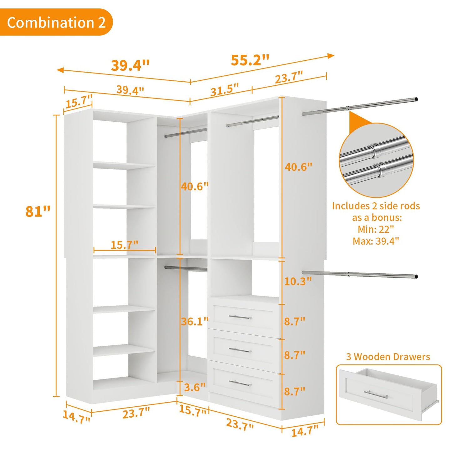 Closet System with 3 Drawers, Corner Closet Organizer Systems with 7 Shelves & 5 Hanging Rods L-Shaped Walk in Closet Freestanding Corner Tower Modular Storage System 2 Sets 1400+ Lbs Capacity White
