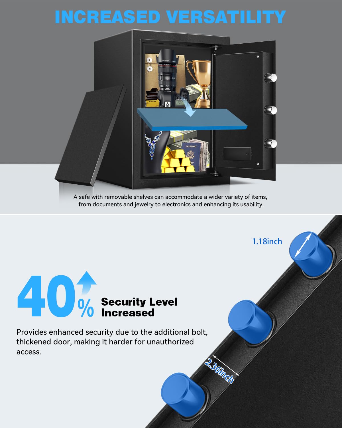 VaultHex Secure Home Safe with Alarm, USB-C Power & Quiet Access - 2.0 CuFt Mid-Size Cabinet Safe for Bedroom or Office, Motion Light, Keypad & Shelf