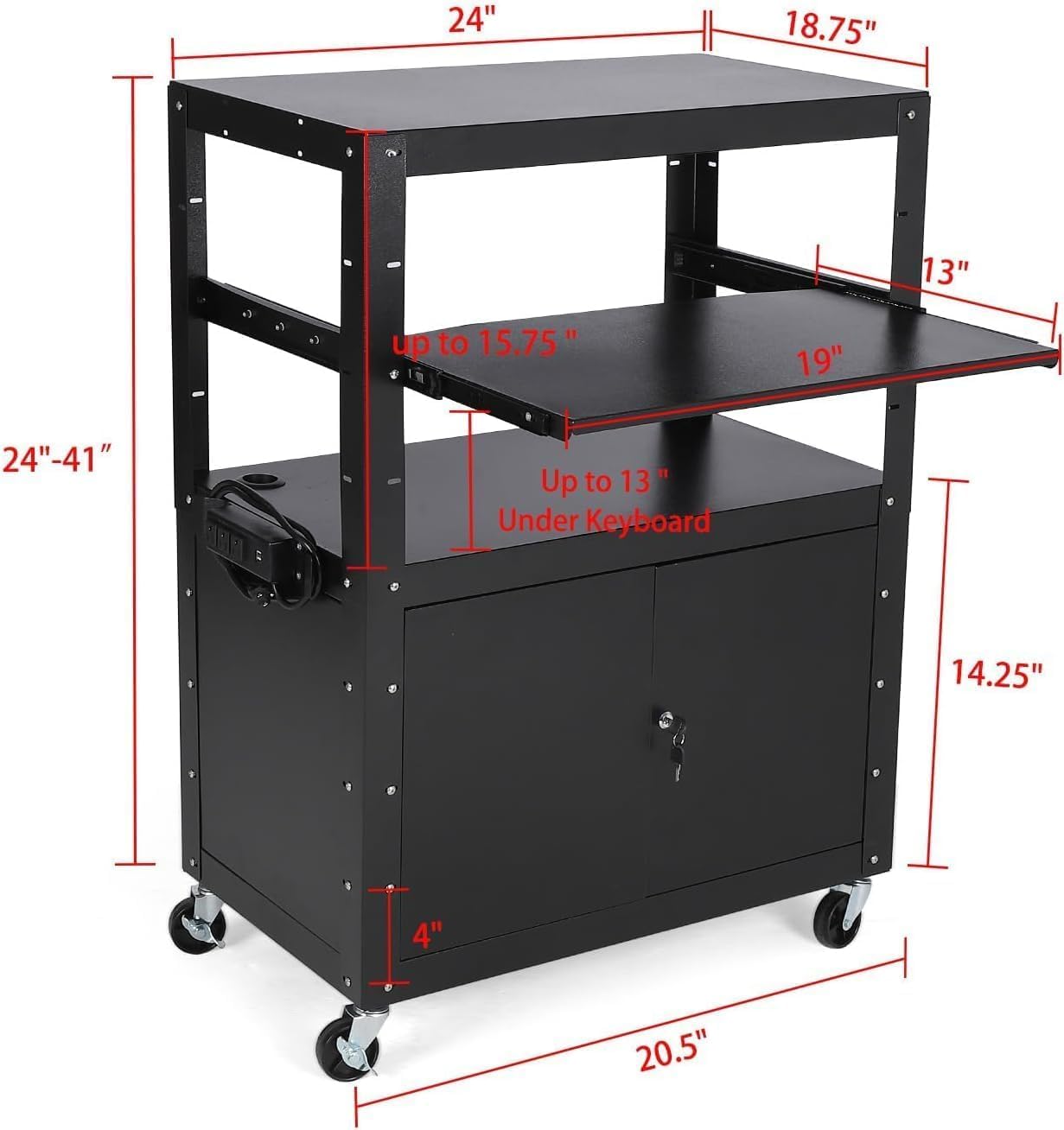 Rolling AV Cart with Locking Cabinet, Laptop Stand, and Drop Leaves, Height Adjustable Mobile Utility Cart Workstation with Extra Storage Space, Power Strip