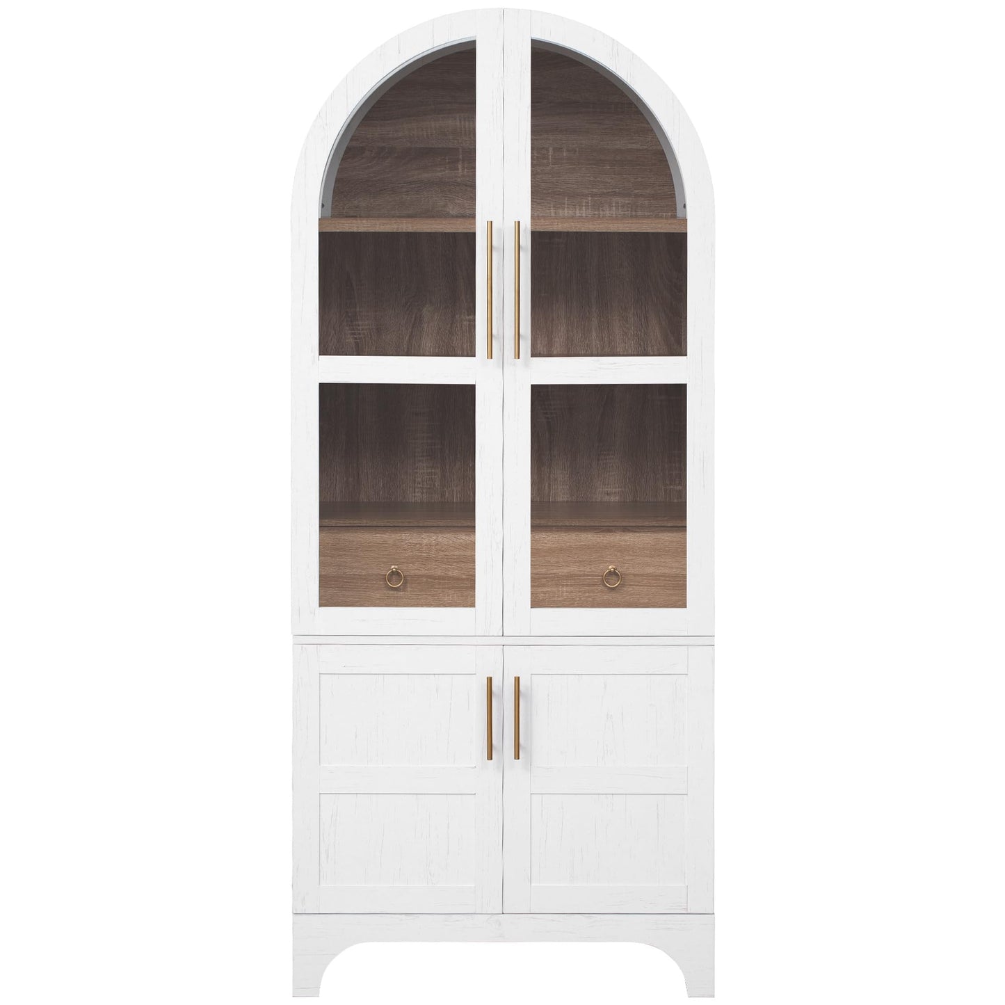 Merax 71" Farmhouse Arched Pantry Cabinet with Glass Doors & Hidden Drawer, Adjustable Shelves Storage Cupboard for Kitchen/Dining Room, White
