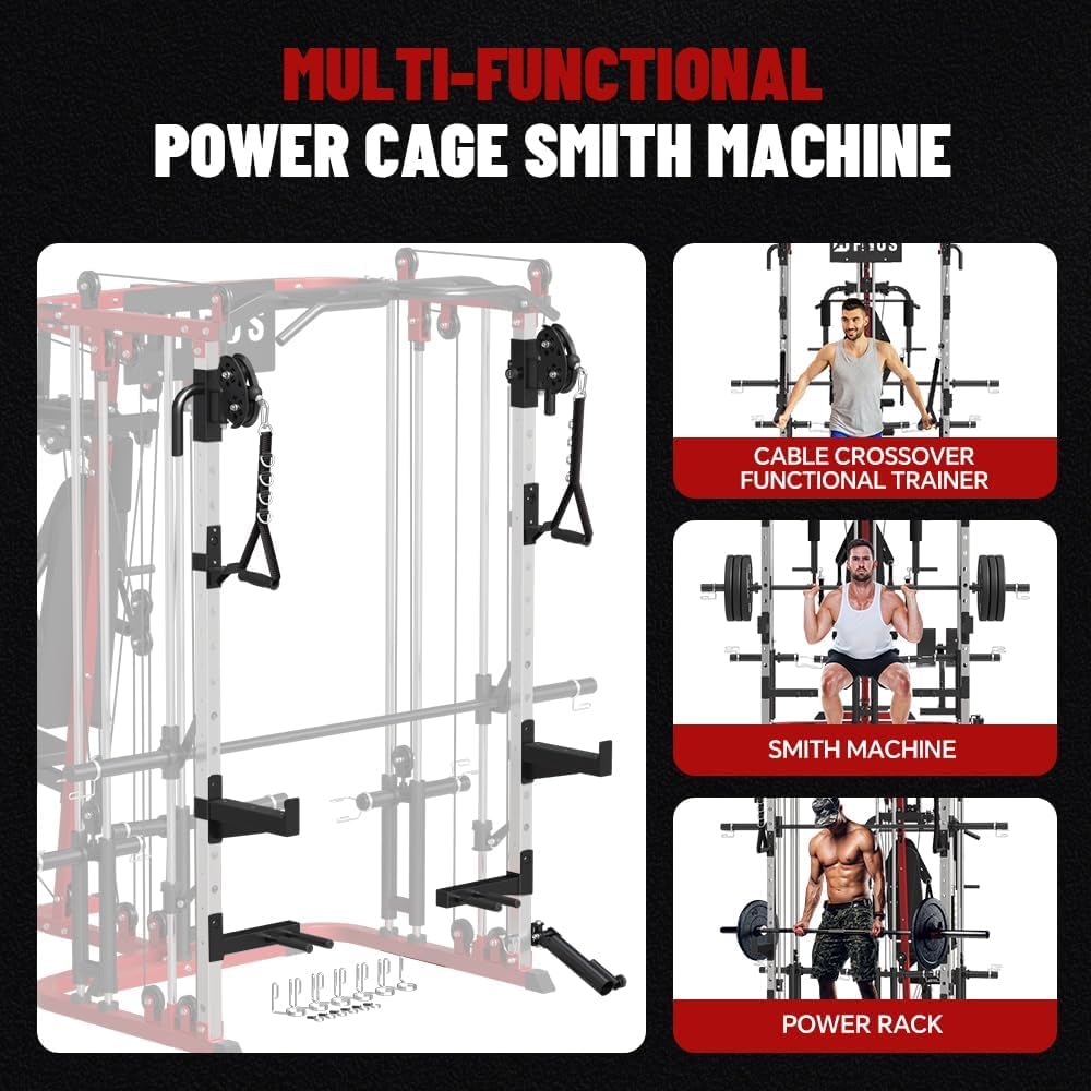FAGUS H All in One Home Gym System Workout Station with Weight Bench, Multi-Function Smithe Machine Power Cage with Cable Crossover, Tripe-Sided Independent Load Posts Functional Trainer, Black & Red
