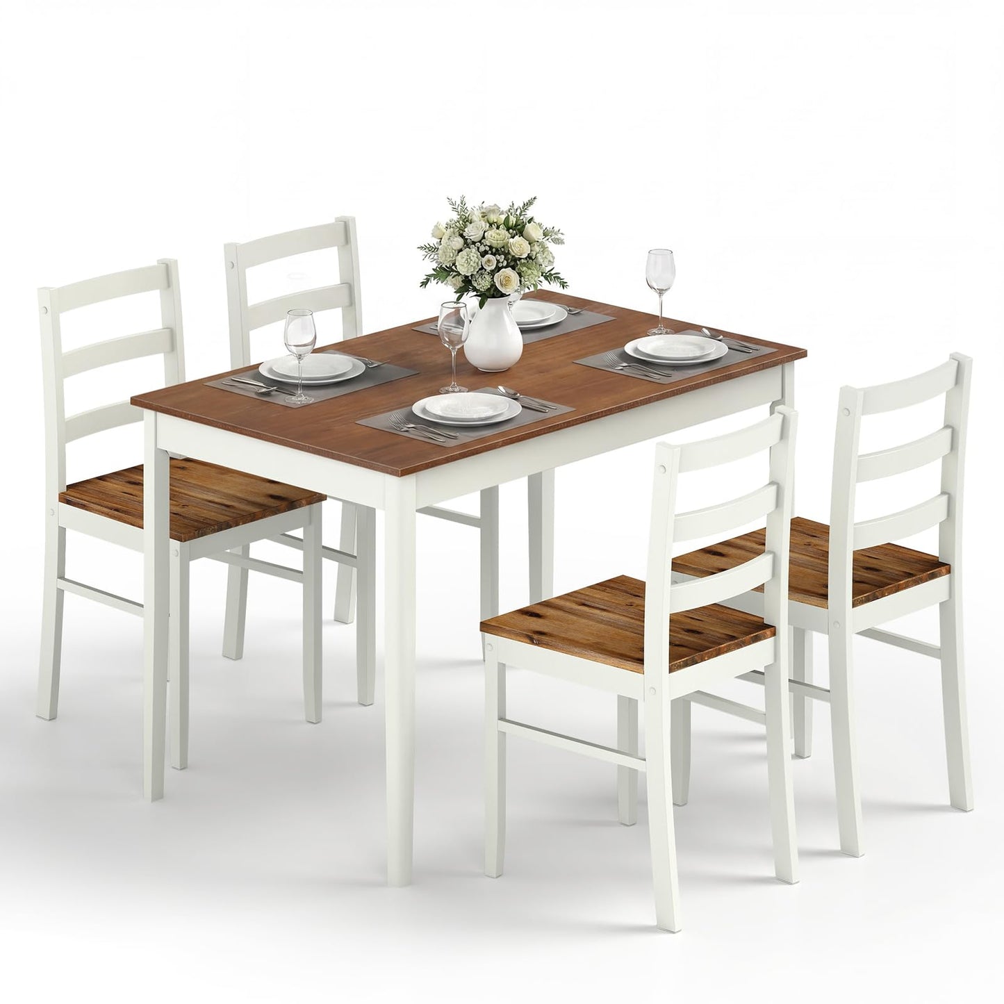Giantex 5-Piece Dining Table Set for 4, 45" Rectangular Kitchen Table and Chairs Set with Solid Rubber Wood Legs, Space Saving Dinette Set for Small Space, Breakfast Nook, Restaurant (Rustic Brown)
