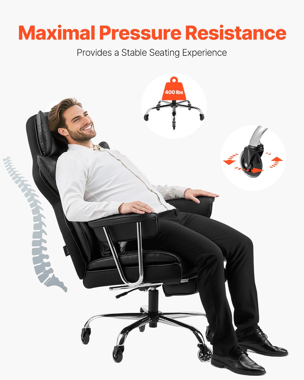 VEVOR Executive Office Chair with Footrest, 400lb Capacity Oversize Office Chair with Lumbar Pillow & Removable Armrests, Heavy Duty Ergonomic Chair, PU Leather Reclining Home Office Desk Chair, Black