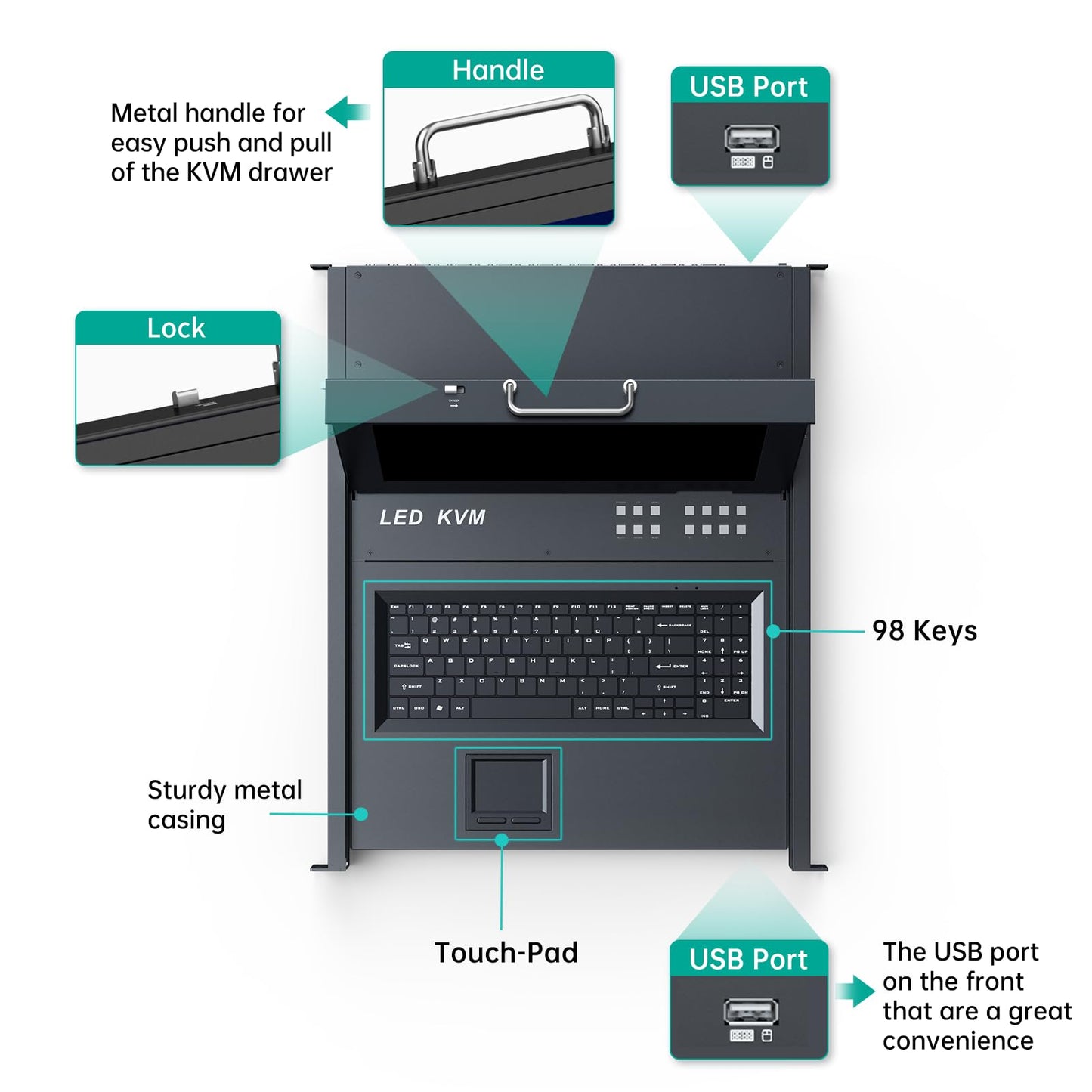MT-Viki 17'' Rack Mount KVM Switch VGA 8 Port, Rackmount Monitor KVM Fit 1U 19'' Rack, 600-800mm(23.6~31.8'') Depth, Integrated with Keyboard+Touch pad+Drawer+8 KVM Cables