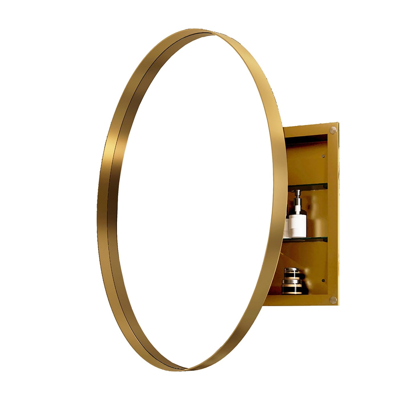 ApilithHive 31.5 Inch Round Gold Metal Framed Medicine Cabinet with Mirror, Adjustable Tempered Glass Shelves, Surface Mount, Modern Bathroom Wall Storage
