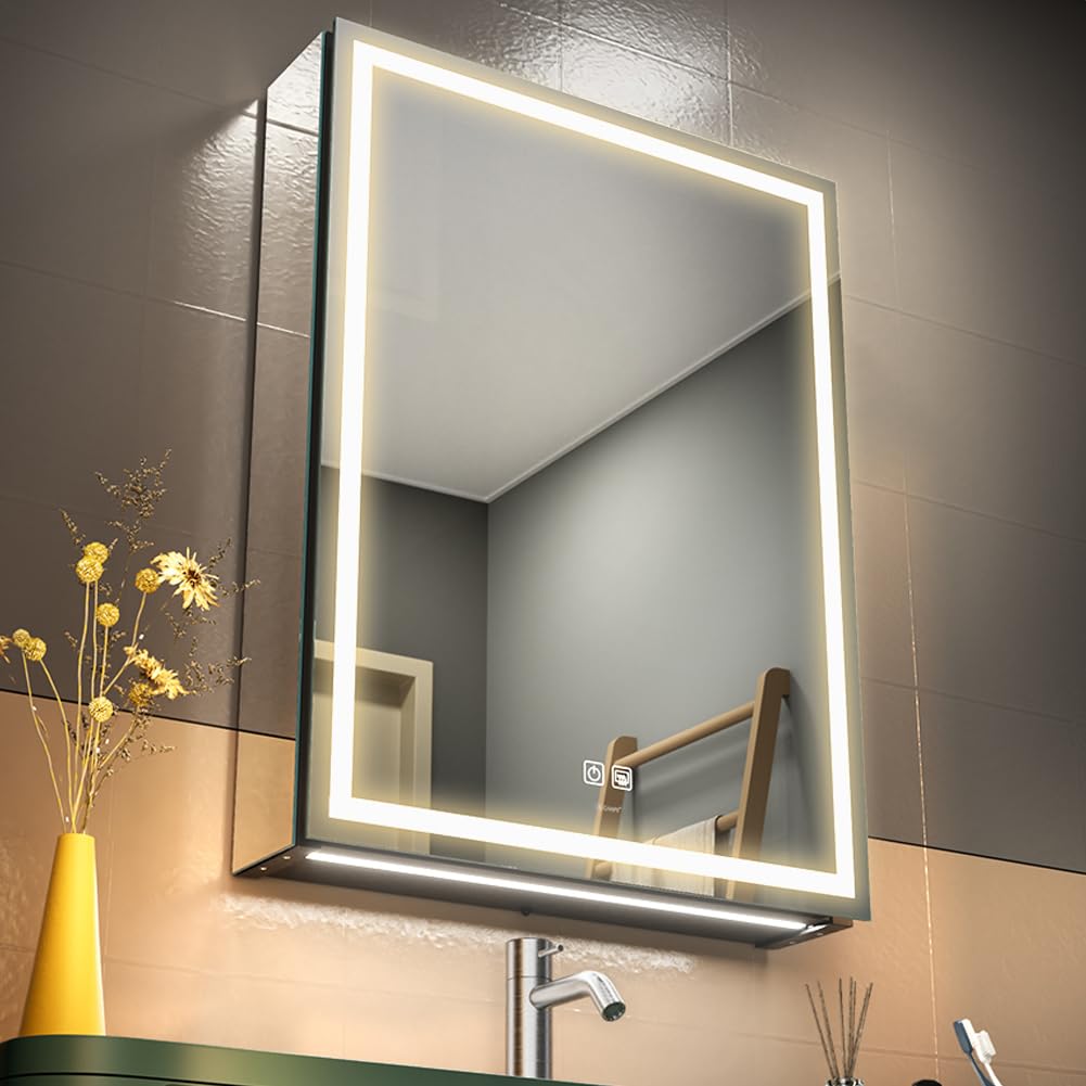 GANPE LED Lighted Bathroom Medicine Mirror Cabinet with Sockets & USBs, Anti-Fog Dimmable Light and Color Adjustment, Easy to Install Aluminum Cabinet (20 * 28 Right Hinge)