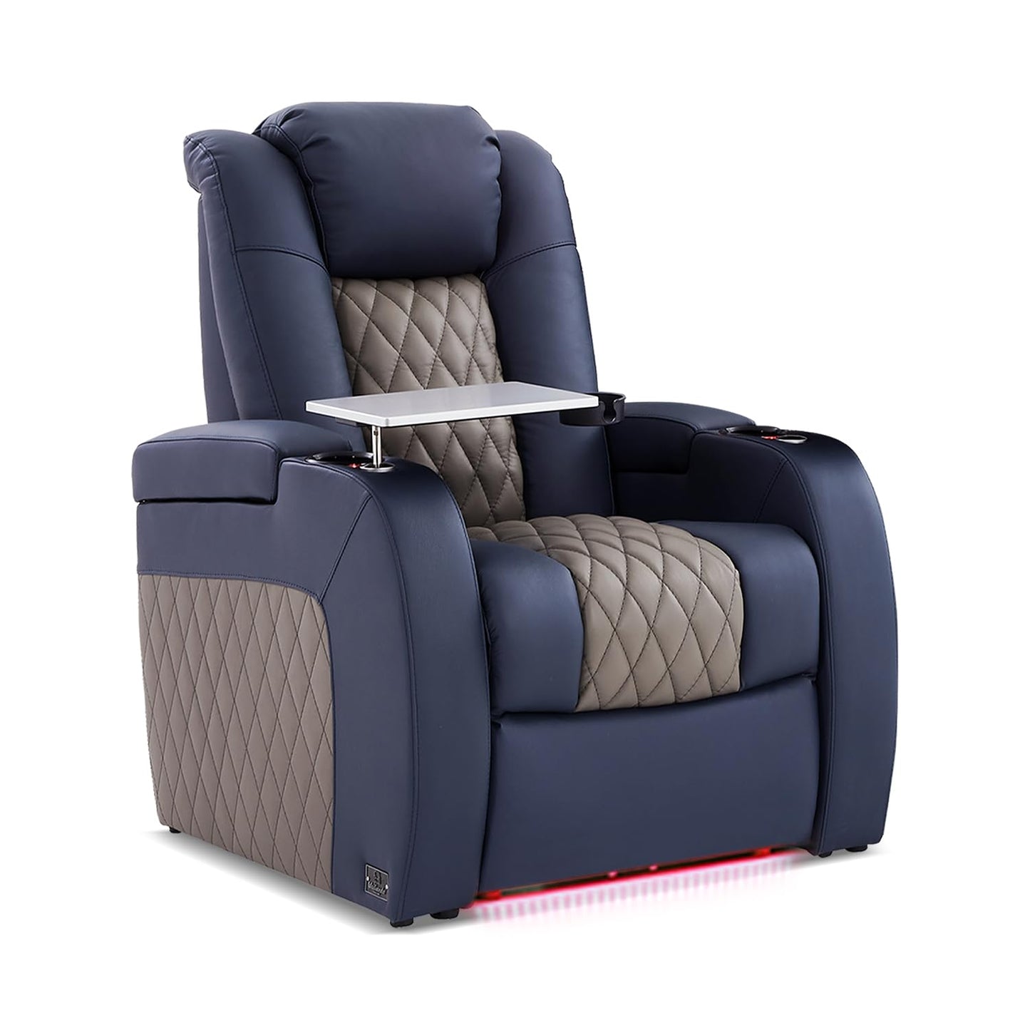 Weilianda Home Theater Seating, Top Grain Leather Zero Gravity Recliner Chair, Power Headrest Recline Movie Seat Gaming 7 Colors Mood Light Sofa with Tray Table Row of 1 Blue Grey
