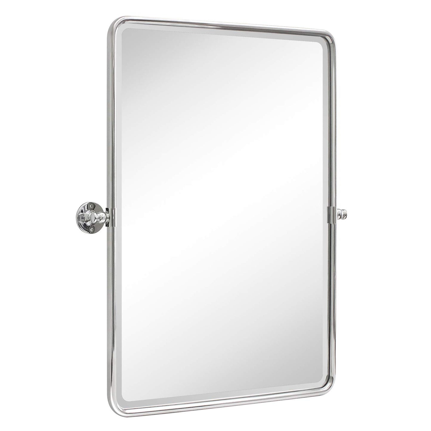 TEHOME Chrome Pivot Rectangle Bathroom Vanity Mirrror Farmhouse Tiltable Rounded Metal Framed Pivoting Bathroom Mirror with Beveled Mirrror, Overall 26.91 x 35 inches (Mirrror 23 x 35 inches)