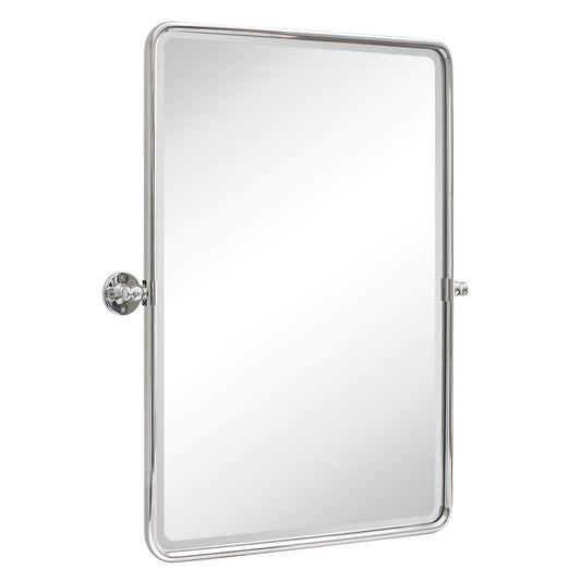TEHOME Chrome Pivot Rectangle Bathroom Vanity Mirrror Farmhouse Tiltable Rounded Metal Framed Pivoting Bathroom Mirror with Beveled Mirrror, Overall 26.91 x 35 inches (Mirrror 23 x 35 inches)