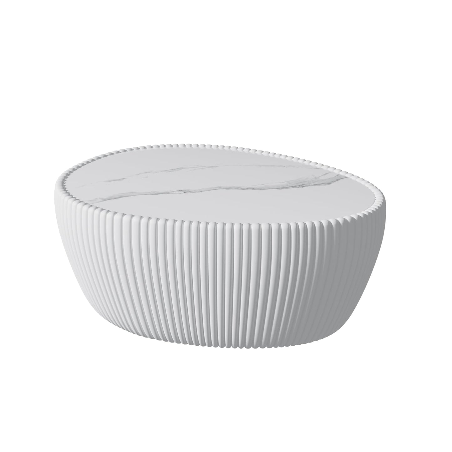 KEIKI 32.1" Goose Eggs Shape Coffee Table, Modern Sofa Side Table with Marble Top & Leather Wrap, Small End Table for Living Room, Bedroom, Office, White