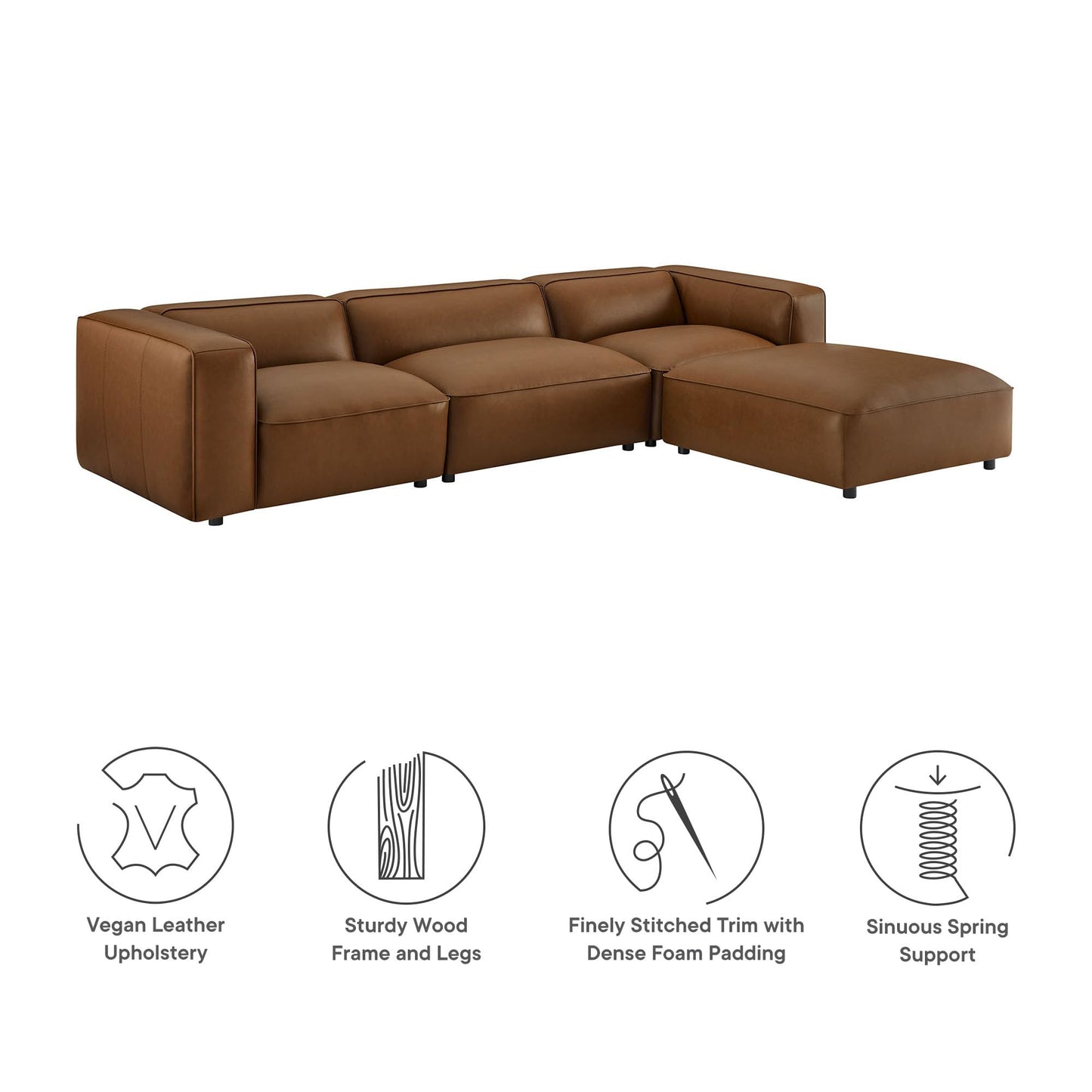 Modway Auren Vegan Leather 4 Piece Modular Sofa in Coffee - Faux Leather 3 Seater Sectional - Comfy Modern PU Leather Sofa with Ottoman - Oversized Mid Century Modern Couch for Living Room