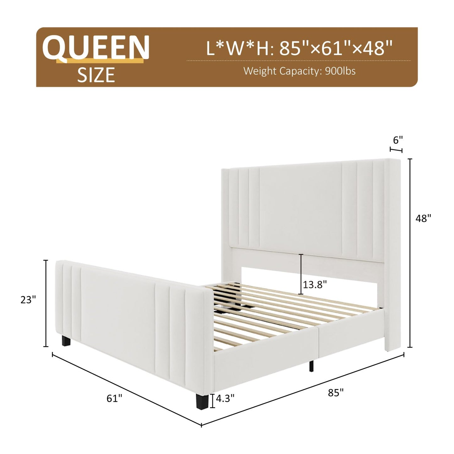 Albott Queen Size Platform Bed Frame, Upholstered Bed with Vertical Channel Tufted Wingback Headboard & Footboard, Premium Velvet, No Box Spring Needed, Cream