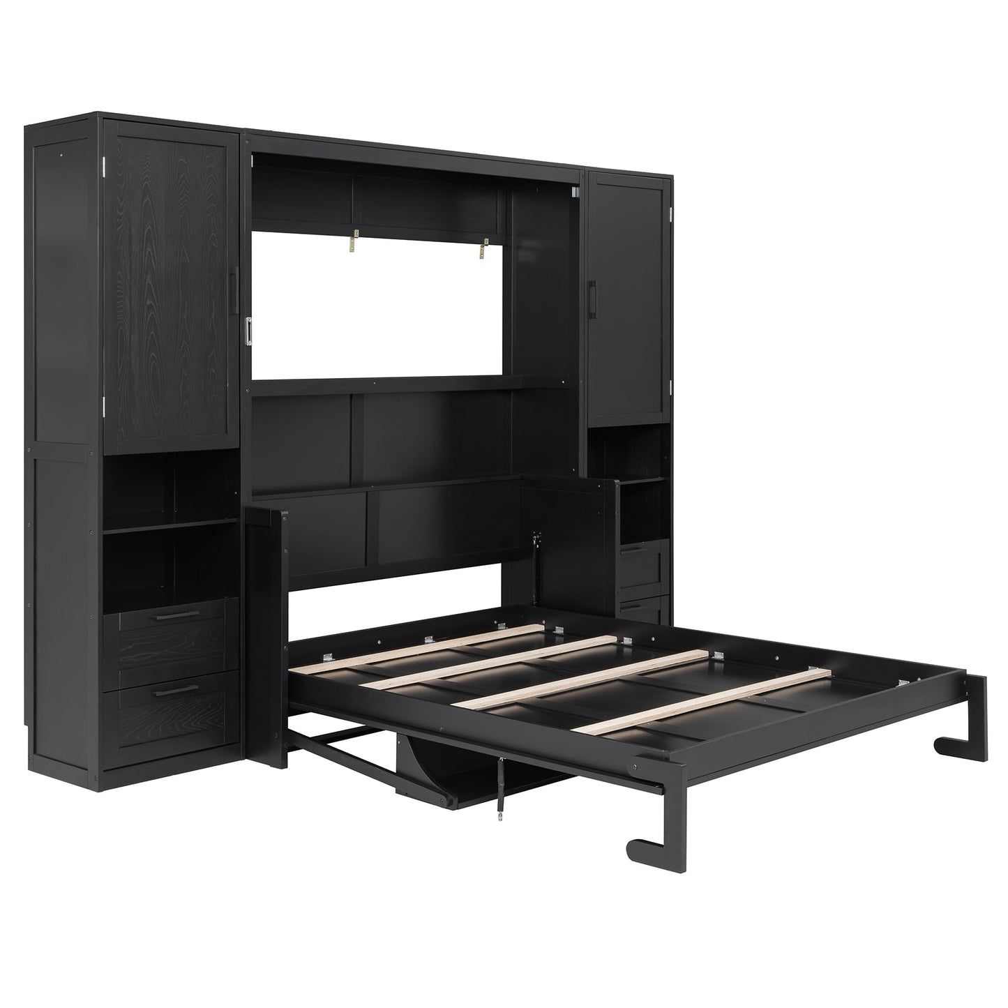 Merax Queen Size Murphy Bed with Desk, Closet, Drawers and Shelves, Fold into The Wall, Space-Saving Foldable Wood Platform Bed Frame for Small Spaces Studio Study Office Guest Room, Black(Oak Veneer)