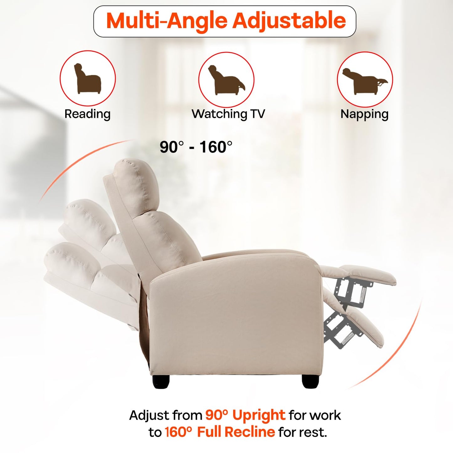 FDW Recliner Chair Massage Chair Reading Chair Reclining Sofa Home Theater Seating with Lumbar Support Massage and Padded Backrest for Living Room and Bedroom (Textile, Beige)