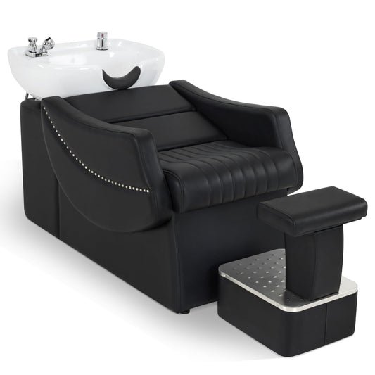 BarberPub Shampoo Backwash Station Chair, Ceramic Shampoo Bowl and Chair Set for Salon with Independent Footrest, Barbershop, Home Salon, Beauty Spa 9115