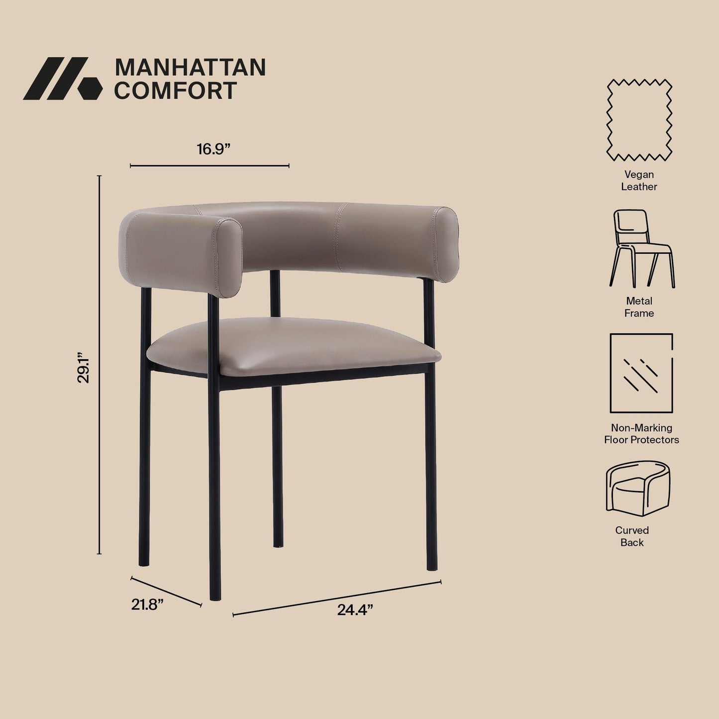 Manhattan Comfort Onda Dining Chair Upholstered in Vegan Leather, Metal Frame with Wraparound Backrest, Modern Seating for Kitchen Counter and Table, Taupe