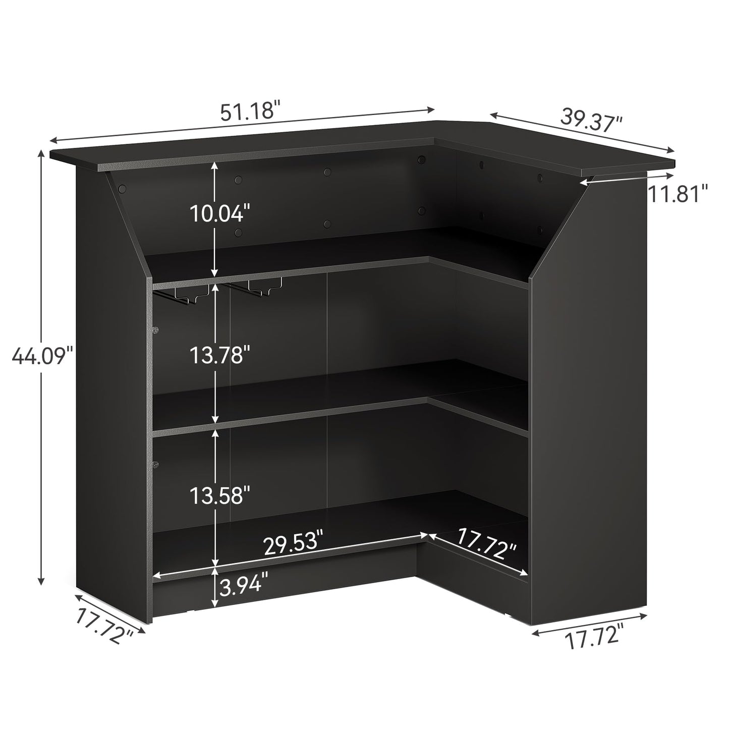 LITTLE TREE Black Bar Cabinet, 4-Tier Home Mini Bar Cabinet with Stemware Rack, Freestanding Wooden Storage Cabinet, Modern L-Shaped Liquor Table Cabinet for Living Room, Dining Room