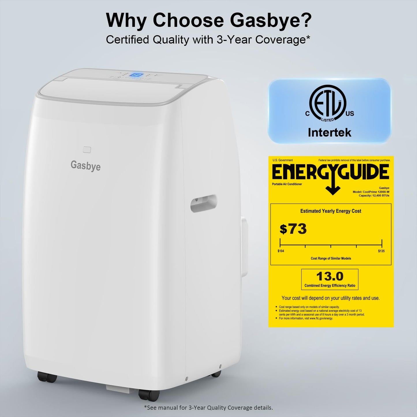 Gasbye Dual Hose Portable Air Conditioner, [2026 Upgraded] Full DC Inverter Compressor, Energy-Saving 13.0 CEER, Low Noise (45dB), Cools Room up to 550 Sq.Ft., Backlit Remote Control, 15,000BTU, White