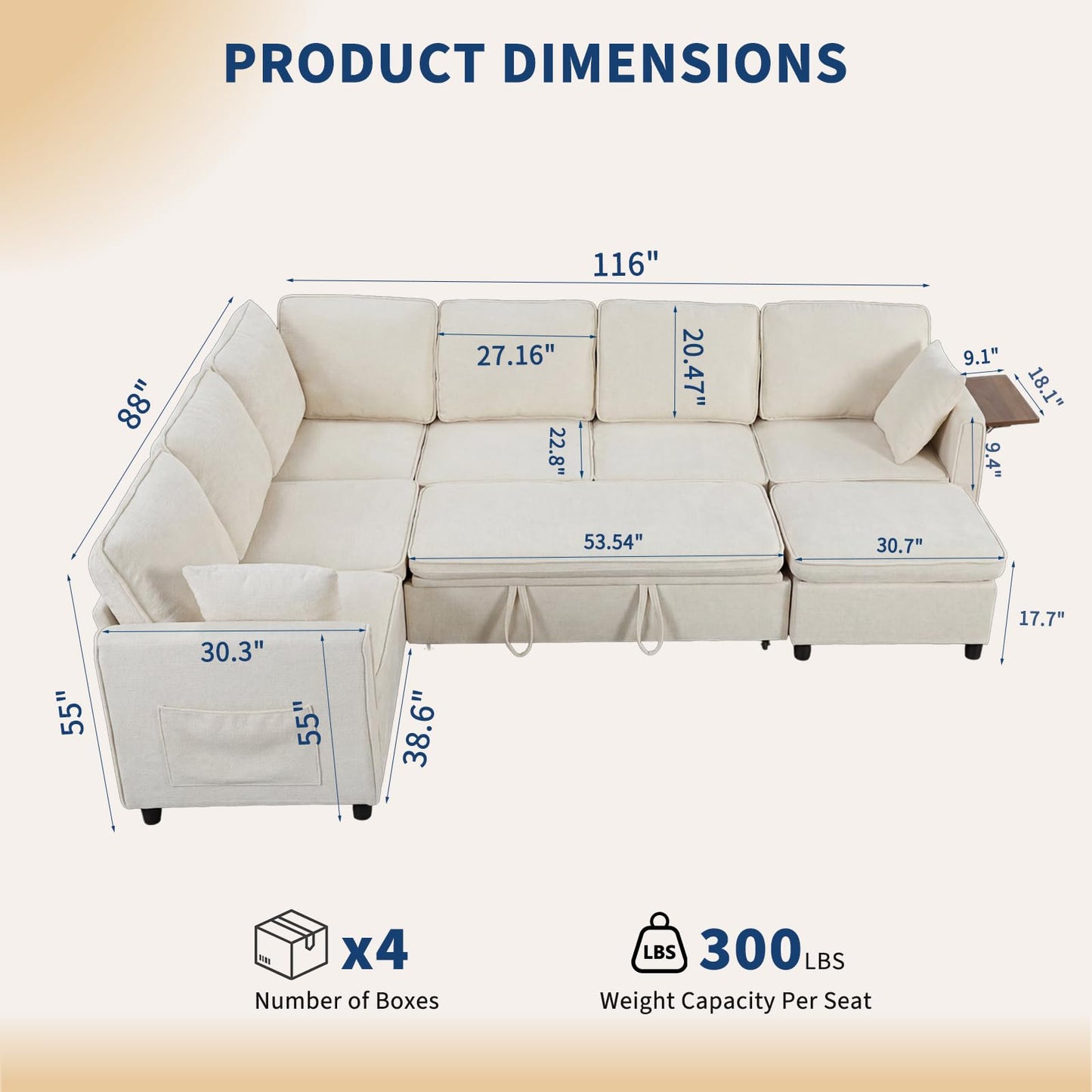 Modular Sectional Couch with Pull Out Sofa Bed, 116" U Shaped Modular Cloud Sofa Set with Ottoman, Charging Port & Foldable Side Table, 7 Seater Comfy Chenille Sleeper Couch for Living Room, Beige