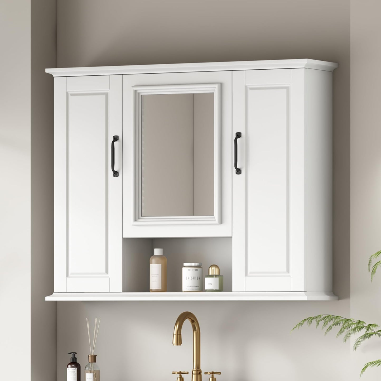 36x28 Inch Medicine Cabinet with Mirror, Wall-Mounted Wood Bathroom Storage Cabinet with Adjustable Shelf and 3 Doors for Laundry Kitchen, White