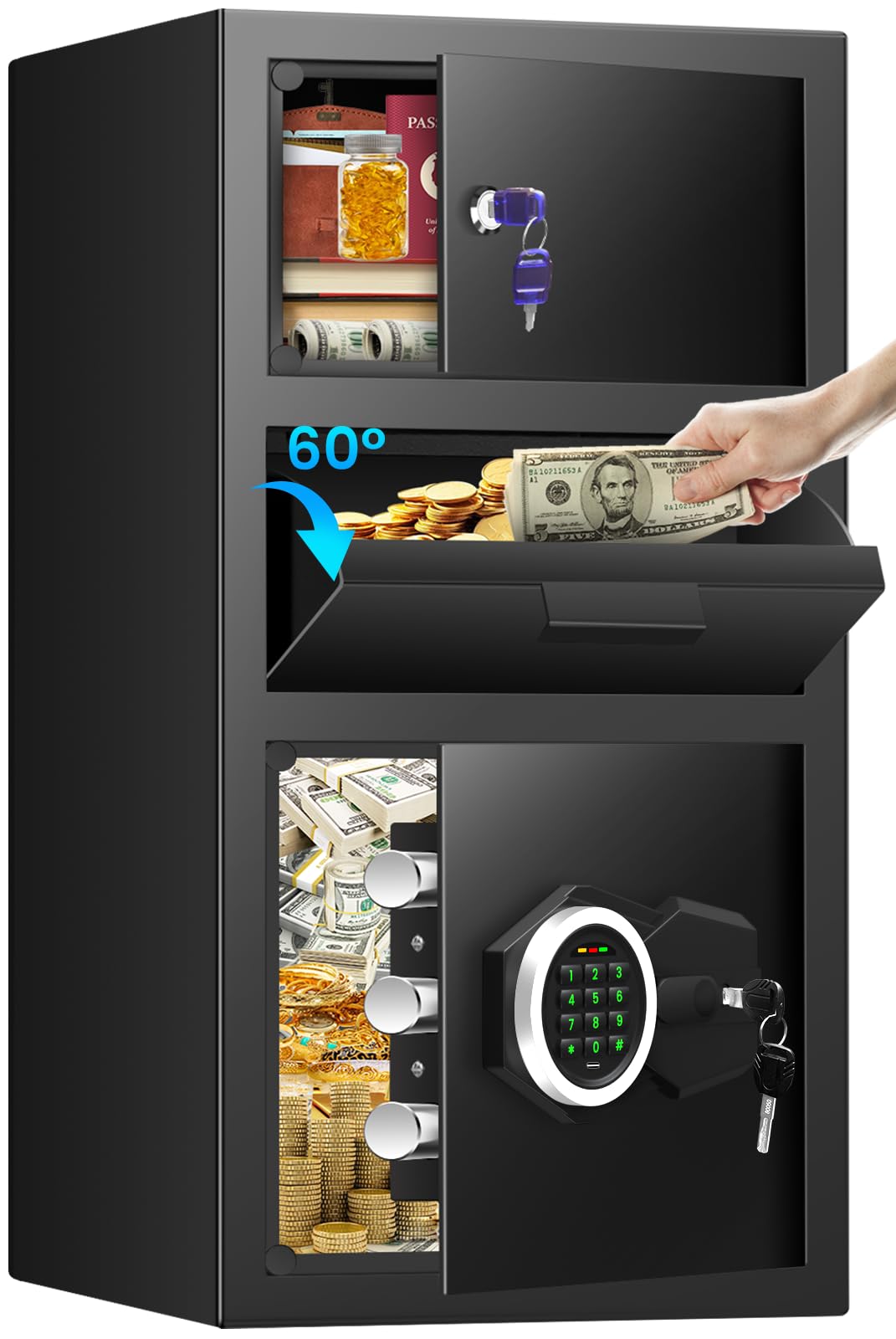 6.0 Cu ft Large Safe with Drop Slot, Anti-Theft Drop Safe Box with Quick Place Slot, Digital Keypad, Spare Keys&Smart Alarm, Heavy-duty Depository Drop Safes for Cash Business Retail Mail Church Home