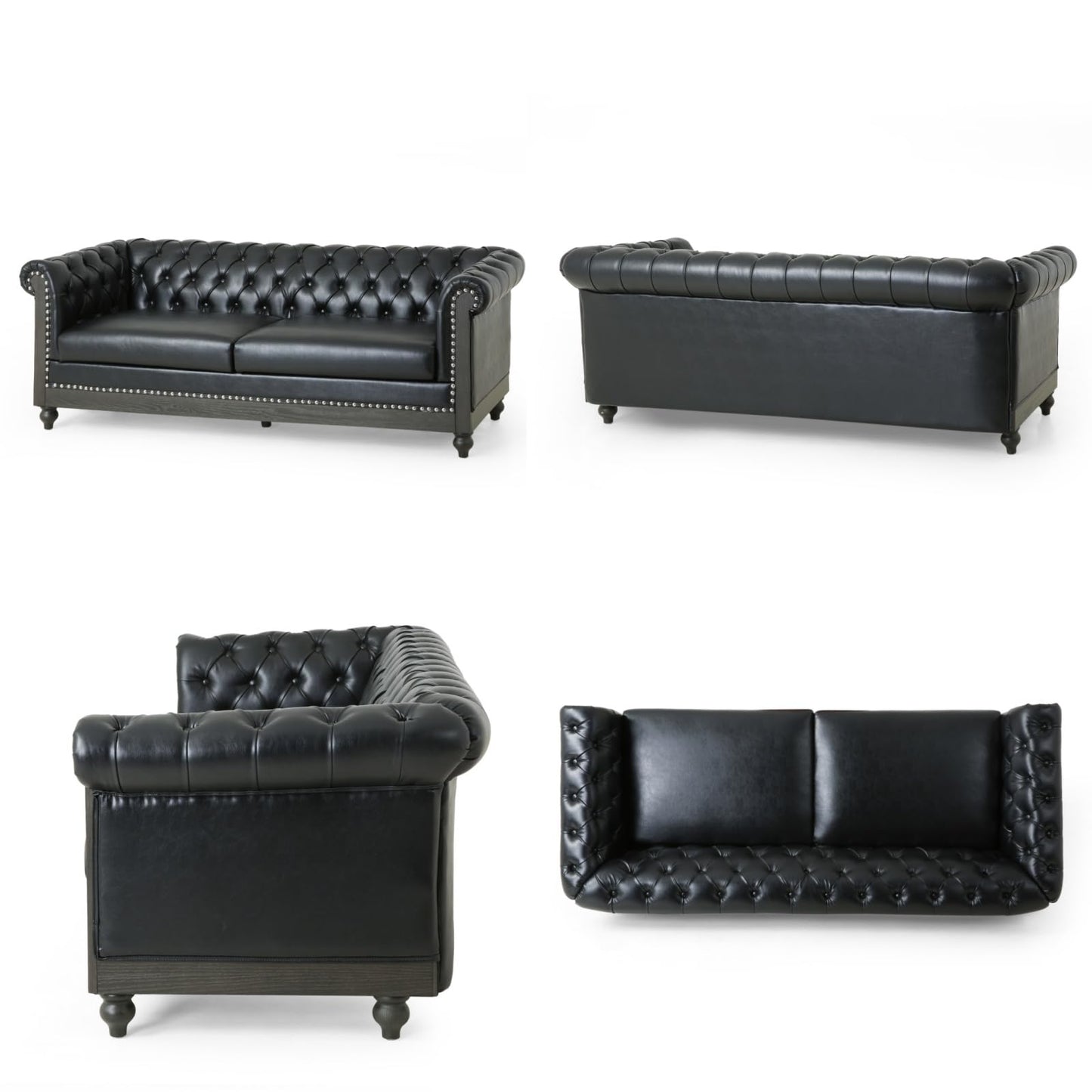 Merax PU Chesterfield Sofa, Retro Upholstered 3 Seater Leather Couch Rolled Arm for Living Room Bedroom Office, Black