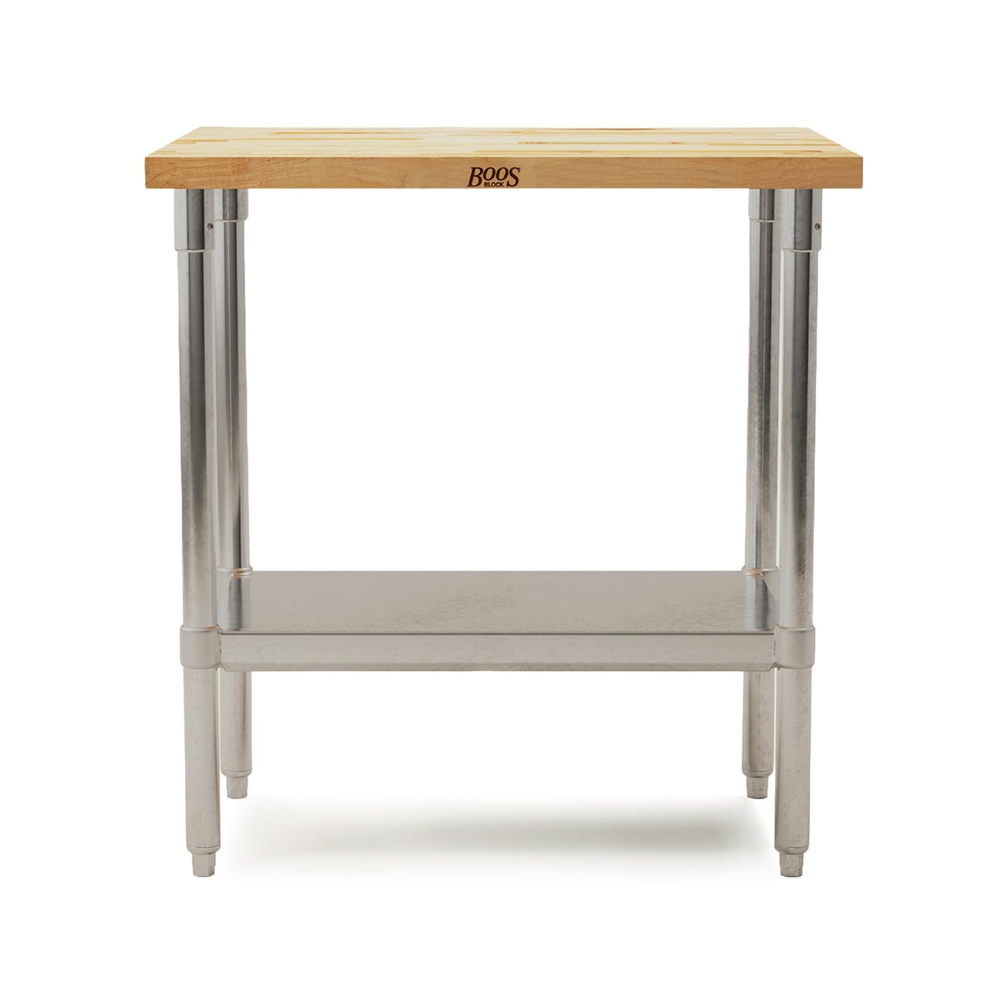 John Boos Maple Wood Top Work Table, 36”x24”x36” – 1.5” Thick Tabletop, 68-lb Kitchen Station with Wooden Edge-Grain Table & Steel Base, & Adjustable Shelf