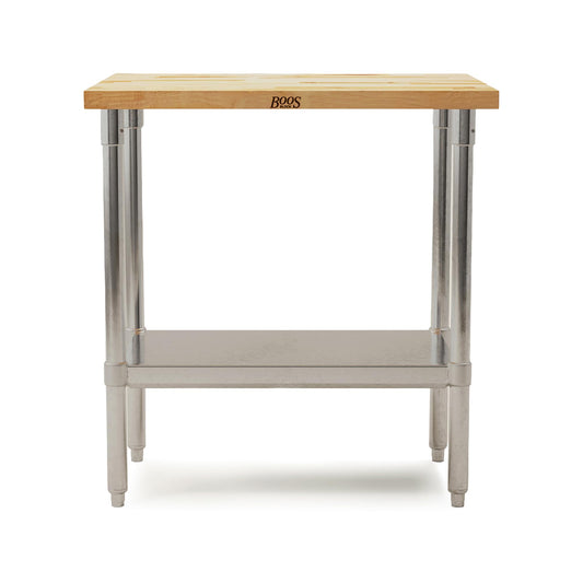 John Boos Maple Wood Top Work Table, 36”x24”x36” – 1.5” Thick Tabletop, 68-lb Kitchen Station with Wooden Edge-Grain Table & Steel Base, & Adjustable Shelf