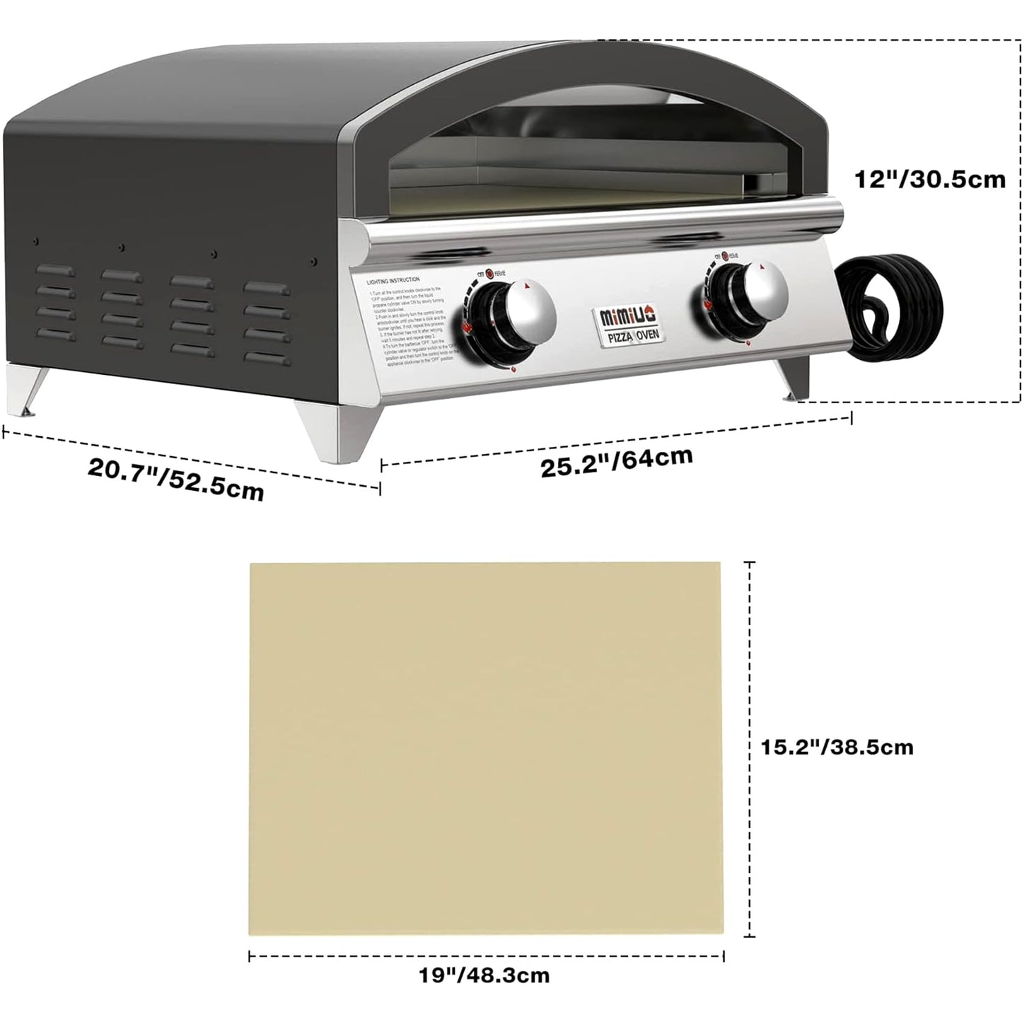 Mimiuo 25 Inch Outdoor Gas Pizza Oven, Portable Propane Pizza Oven with Large Baking Stone - Make 2 Pizzas At Once - Multifunctional Stainless Steel Grilling Stove to Cook Steak Meat Seafood