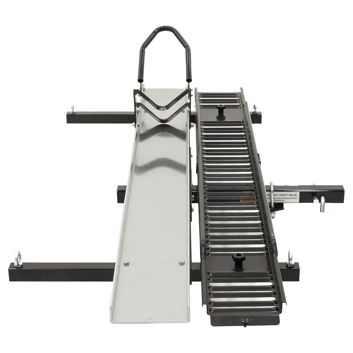 Black Widow Hitch Mounted Motorcycle Carrier with Ramp, Heavy Duty Steel Frame & Aluminum Track, 600 Pound Capacity, 72 Inch Ramp, Black