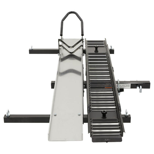 Black Widow Hitch Mounted Motorcycle Carrier with Ramp, Heavy Duty Steel Frame & Aluminum Track, 600 Pound Capacity, 72 Inch Ramp, Black
