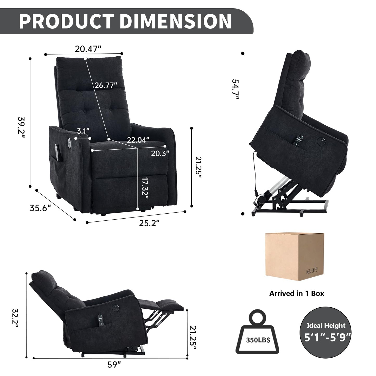 KEIKI Single Motor Power Lift Recliner Chair with Massage and Heat for Home Theater, Soft Fabric Finish with USB Charging Port and Motion Mechanism for Elderly
